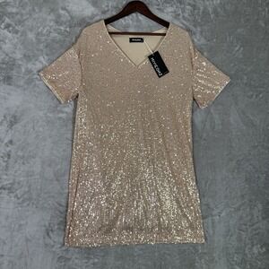 Sparkly Rose Gold Sequin Short Sleeve Mini Dress for Cocktails & Parties Sz M